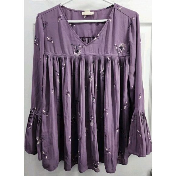 Style & Co. Tops - Style & Co Purple Pleated V-neck Blouse Bell Sleeve Medium